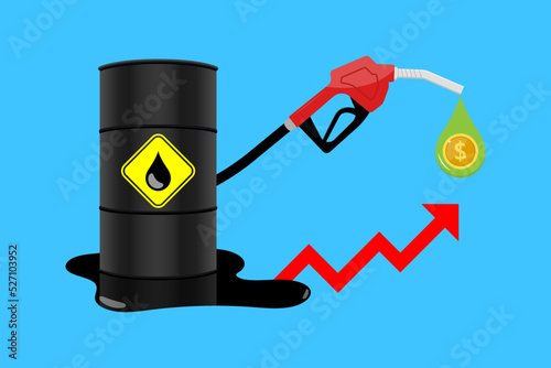 Oil price rising concept Gasoline yellow fuel pump nozzle isolated with drop oil on red growth bar chart background, vector illustration