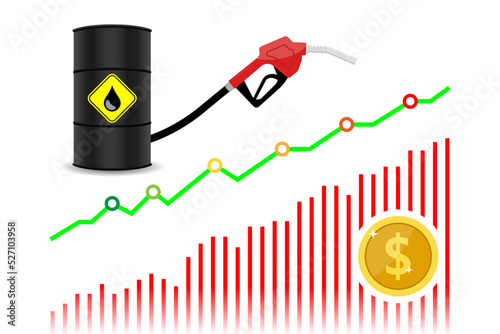 Oil price rising concept Gasoline yellow fuel pump nozzle isolated with drop oil on red growth bar chart background, vector illustration