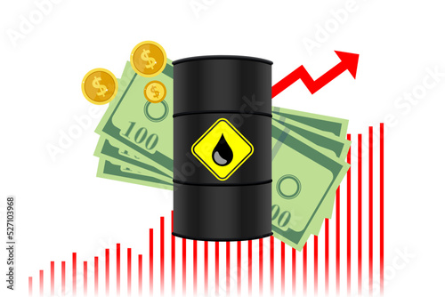 Oil price rising concept Gasoline yellow fuel pump nozzle isolated with drop oil on red growth bar chart background, vector illustration