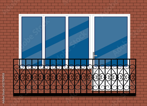 white plastic pvc window with door and balcony with black metal balcony rail, front view. isolated on a red brown brick wall background. Cartoon style flat design.