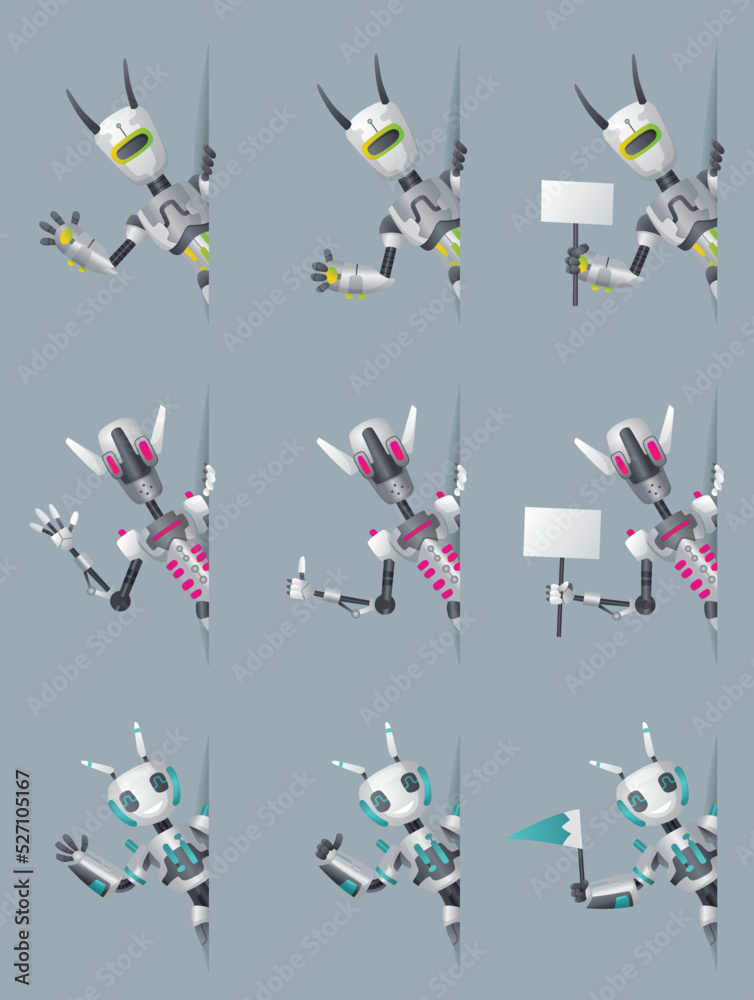Robots look out corner. Robotic information banners mockup interface design. Cyborg characters for presentation, online help technology Robots look out corner. Robotic information banners mockup interface design. Cyborg characters for presentation, online help technology