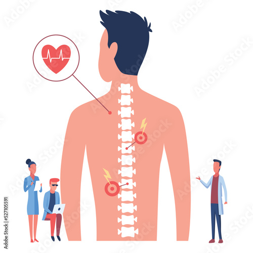 Osteopathy spine pain treatment. Patient male standing back, doctors looking at her spine flat vector illustration. Disease diagnosis. Bone health