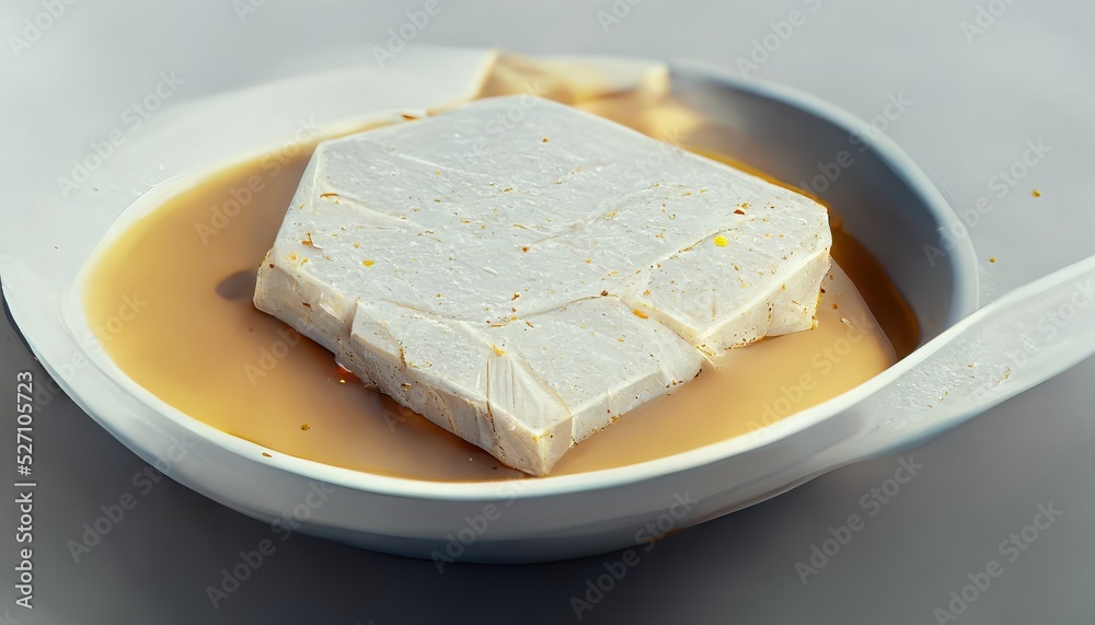 3D illustration of a Bean curd on the white plate with white and creamy color