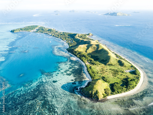 Drone Aerial of Perfect Tropical Island Clear Water Reefs
