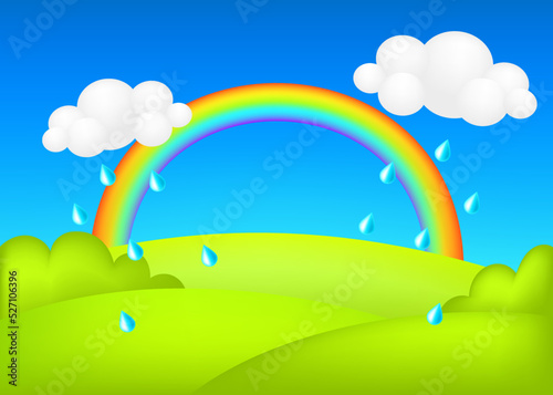 Rainy weather on meadow 3d vector illustration. Landscape with rainbow on green valley kids forecast background. Colorful cute scenery with rain drops  spring green grassland  blue sky for children.