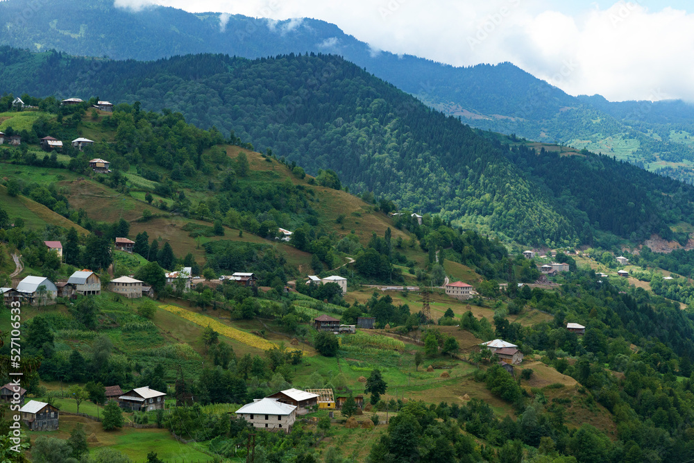 Top view of a village in a mountainous area