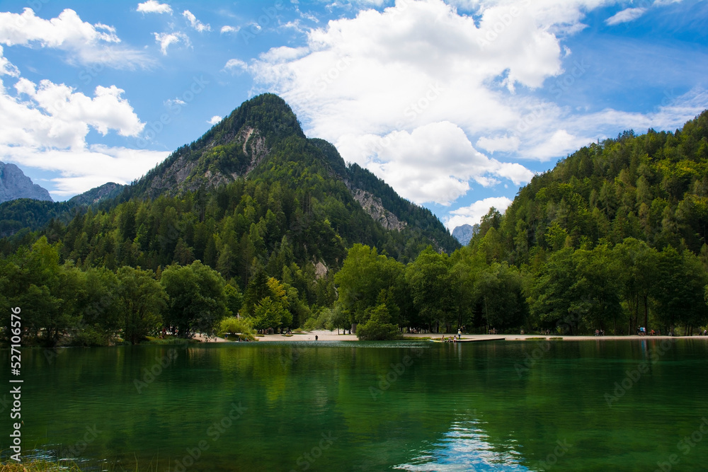 Jasna Lake near Kranjska Gora in the Upper Carniola region of north west Slovenia. An artificial lake created for tourism purposes
