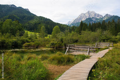 Observation platforms in Zelenci Nature Reserve near Kranjska Gora in north west Slovenia. It is a protected wetland and source of the Sava Dolinka River. The Ponce mountains are in the background 