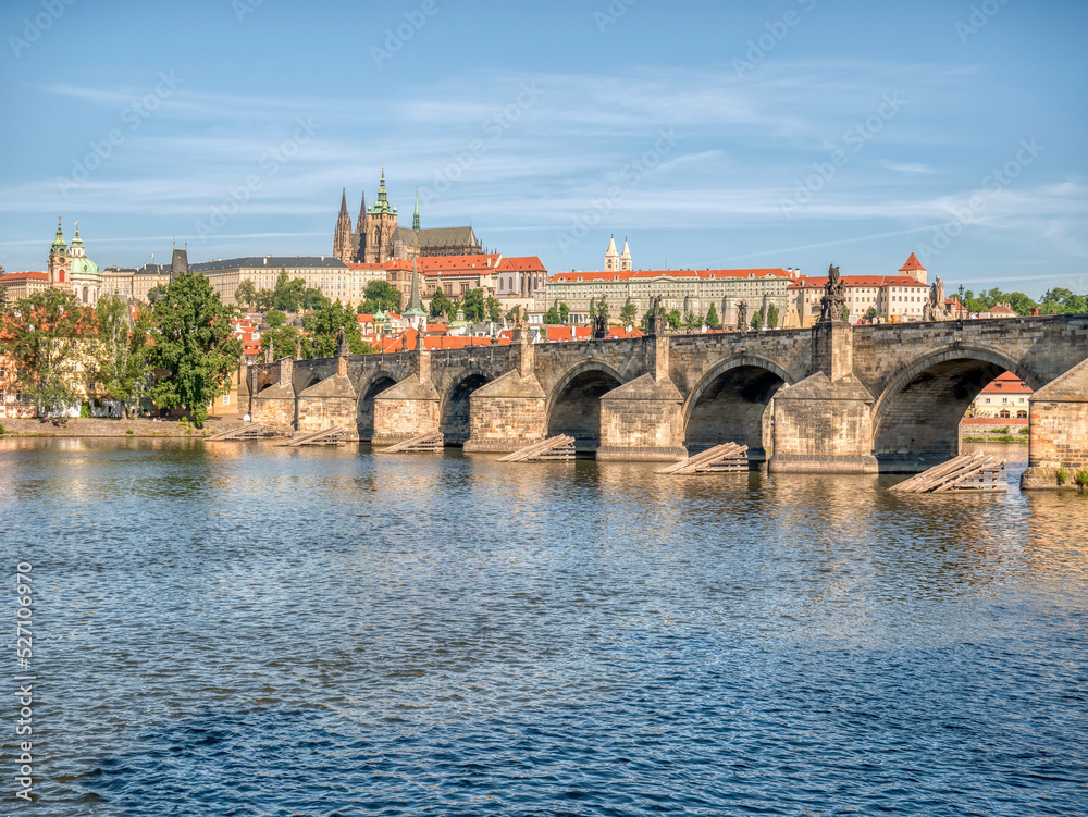  View with the Charles Bridge main touristic attraction with the Prague Castle in the background