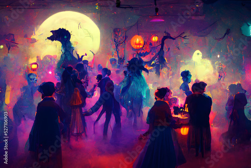 colorful halloween indoor party, neural network generated art. Digitally generated image. Not based on any actual scene or pattern. photo