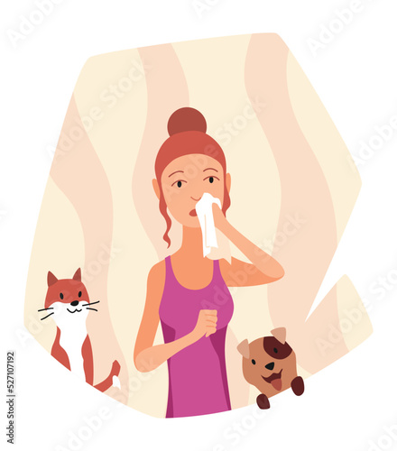 Allergic reactions concept. Symptoms of disease. Woman with hypersensitivity and reaction of immune system. Female neezes or blows nose in handkerchief
