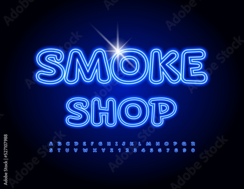 Vector business logo Smoke Shop. Light Tube Font. Blue Neon Led Alphabet Letters and Numbers set