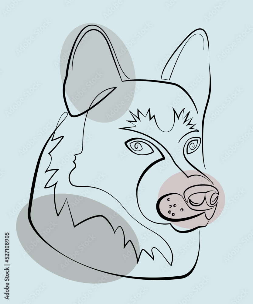 Color icon of a husky breed dog. Continuous line drawing of dog, minimalist hand drawn vector illustration in simple one line style