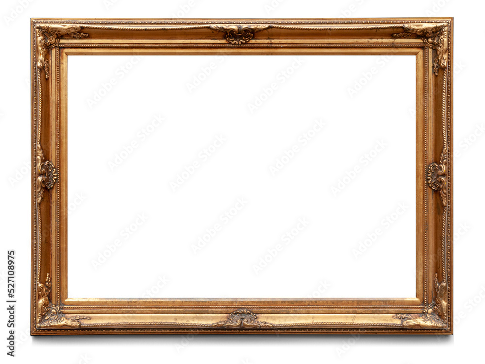 A rectangular wooden golden painting frame with antique ornaments. Full transparent PNG. - obrazy, fototapety, plakaty 