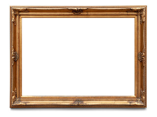 A rectangular wooden golden painting frame with antique ornaments. Full transparent PNG.