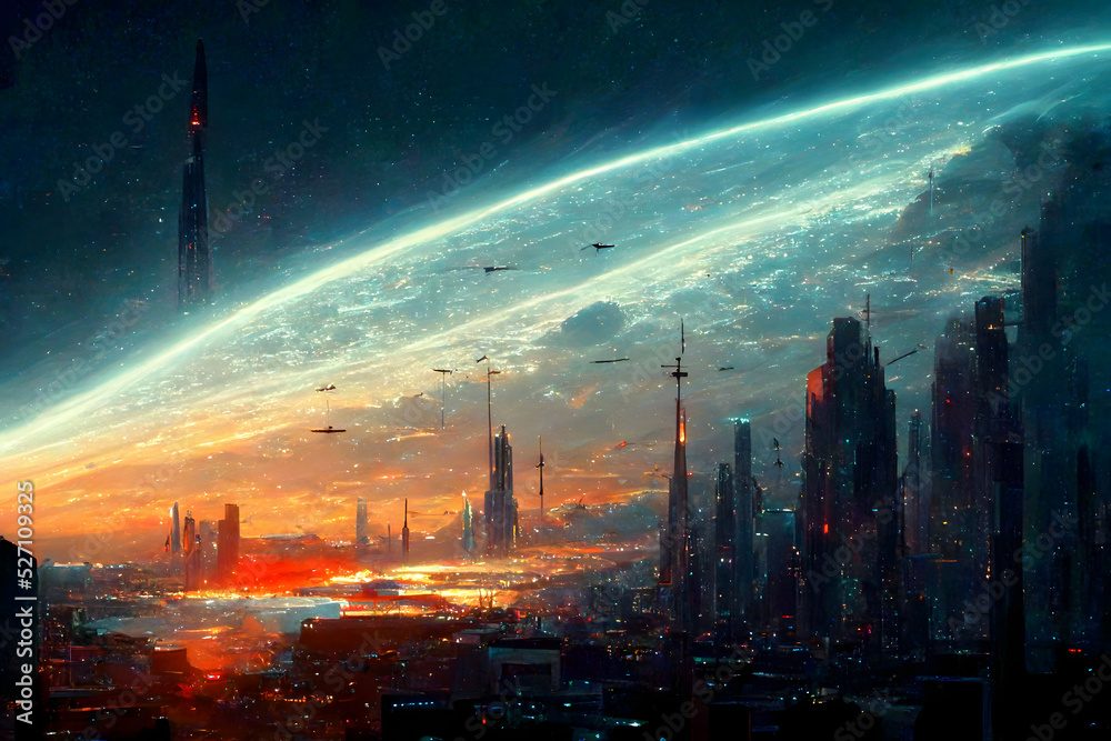 dreamy futuristic city in space with colorful clouds and high rise