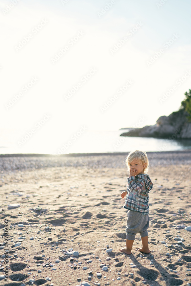 Little girl gnawing on an apple on the beach. High quality photo