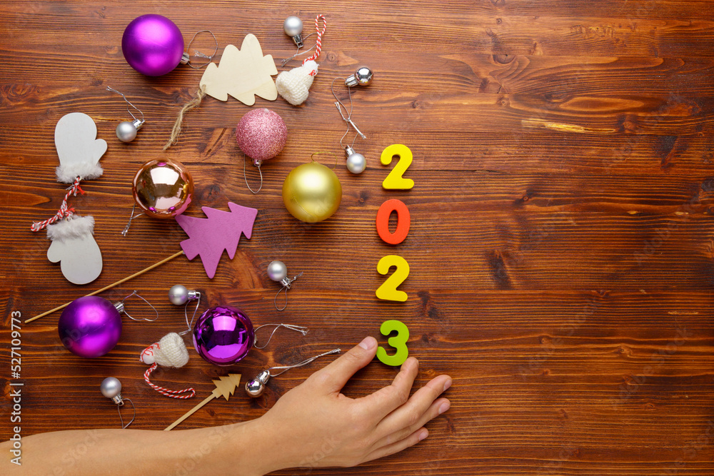 Christmas and New Year 2023. Flat Lay ideal for Banner, New Years Wishes, Card. Copy space Christmas and New Year 2023. Flat Lay ideal for Banner, New Years Wishes, Card. Copy space