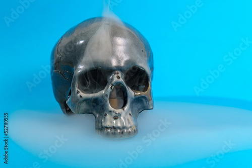 Human skull, creative arrangement against blue background. Halloween inspiration.