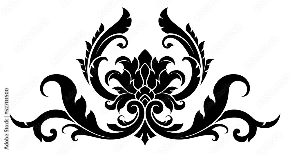 Traditional Thai art pattern in black and white baroque style. Damask ornament element. Design for decorating vector illustrations.