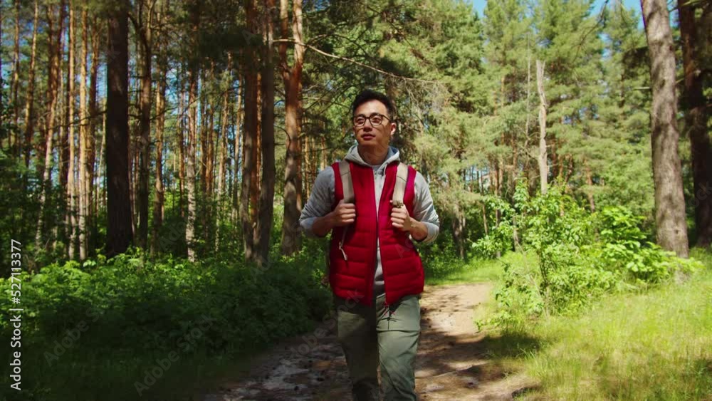 Asian man tourist walking in forest. Young hiker traveling and hiking alone, guy wearing backpack. Summer tourism, wild nature. Asian man tourist walking in forest. Young hiker traveling and hiking alone, guy wearing backpack. Summer tourism, wild nature.
