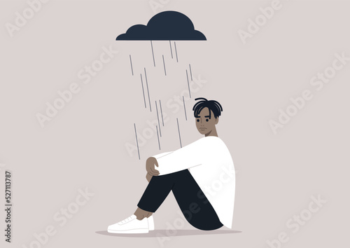 A young upset character hugging their knees, a black rain cloud hovering above them