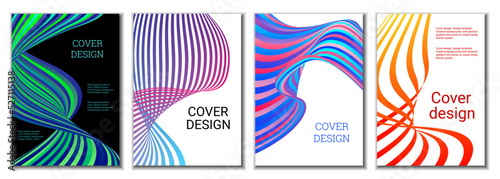 A set of 4 abstract covers. Wavy parallel gradient lines, ribbons evolve. Cover design, background. Trendy banner, poster.