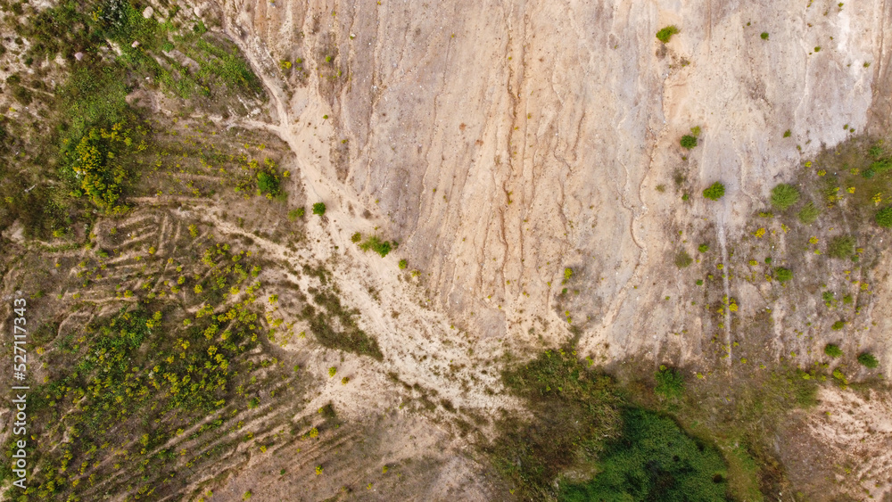 Aerial view of the mining quarry. Industrial landscape sand and desert.