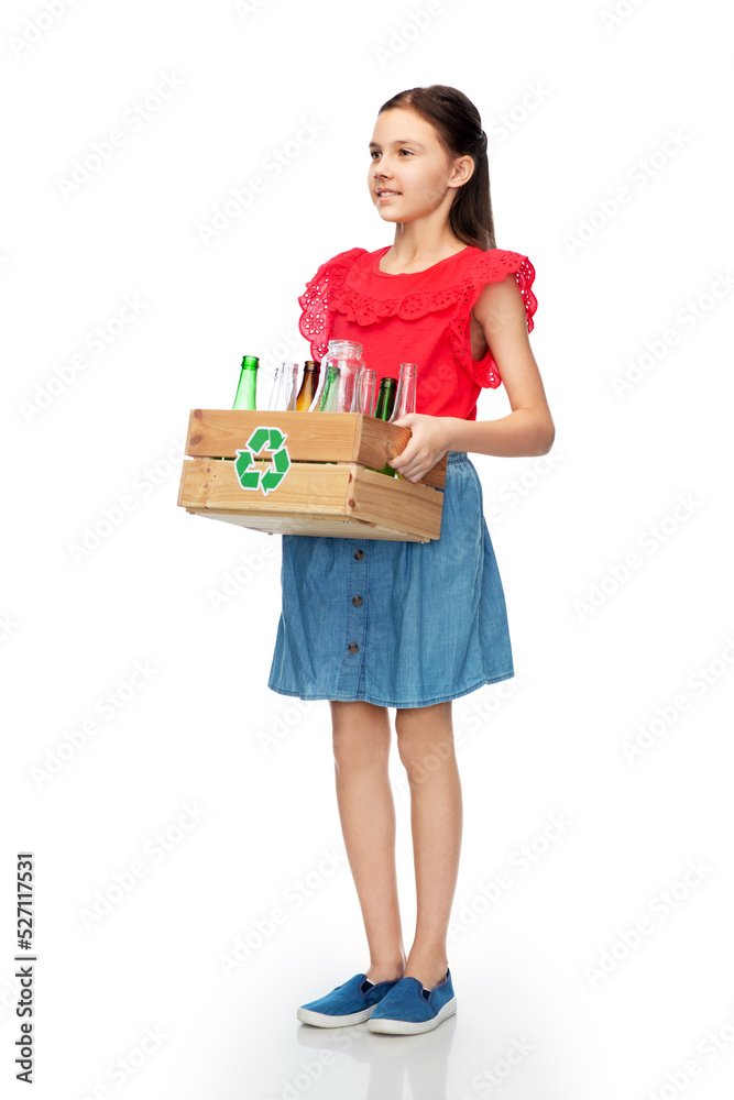 recycling, waste sorting and sustainability concept - smiling girl holding wooden box with glass bottles and jars over white background recycling, waste sorting and sustainability concept - smiling girl holding wooden box with glass bottles and jars over white background