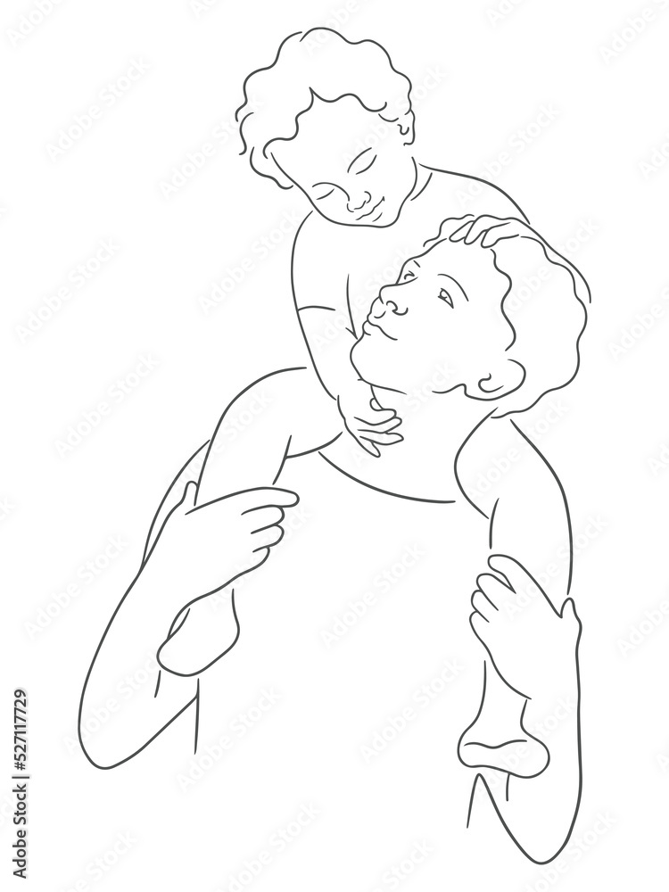 Vector sketch illustration of father holds smiling son. Parent and child, happy family concept Vector sketch illustration of father holds smiling son. Parent and child, happy family concept