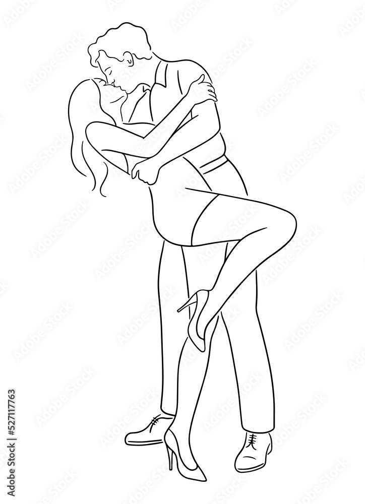 Gentleman and woman in mini dress and high heels kissing in the end of dance. Silhouette sketch of dancer man holding a woman's waist. Kissing couple