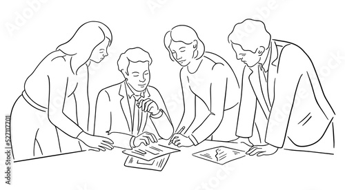 Business meeting in the office. Business workers have discussion with boss. Teamwork concept. Line art illustration of 4 office workers brainstorming