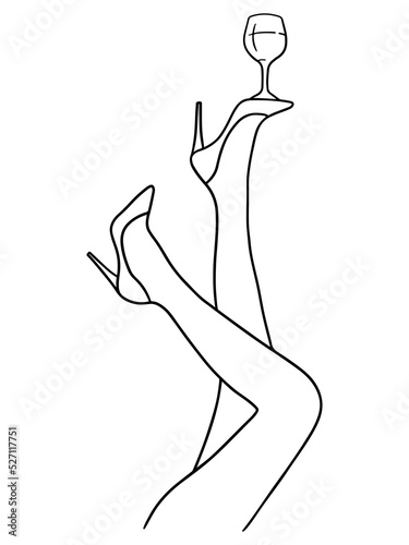 Upside down high heel legs holding glass of wine. Balance concept. Sketch of long woman's legs