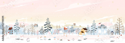 Winter landscape at night with polar bear and rabbit playing ice skate in city park,Vector banner Winter wonderland bunny and bear celebrating in forest,Merry Christmas and New year 2023 background