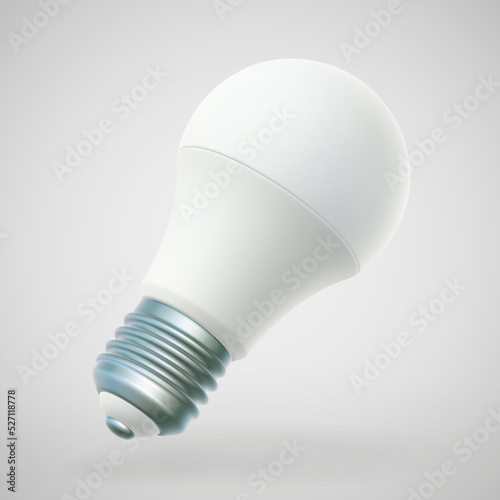3D LED white light bulb on gray background. Concept of modern eco-friendly technology, green energy and business idea. Home equipment - realistic electric lamp, vector illustration.
