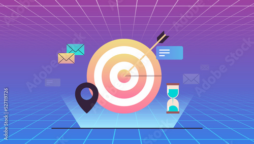 Dartboard arrow futuristic concept and business teamwork success achievement virtual reality innovation technology flat vector illustration.
