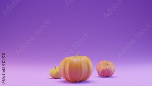 Three orange pumpkins on a violet background. Large and small halloween pumpkins. Autumn mood. Farm natural vegetables. 3d rendering.