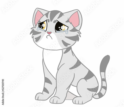 The sitting American Shorthair cat that acts as a gloomy and sad emotion. Doodle and cartoon art.