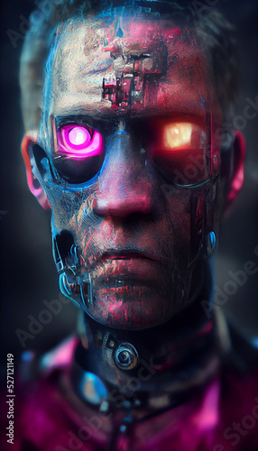 Fotografie, Obraz cybernetic terminator half human half machine hurt bull Digital Art Illustration