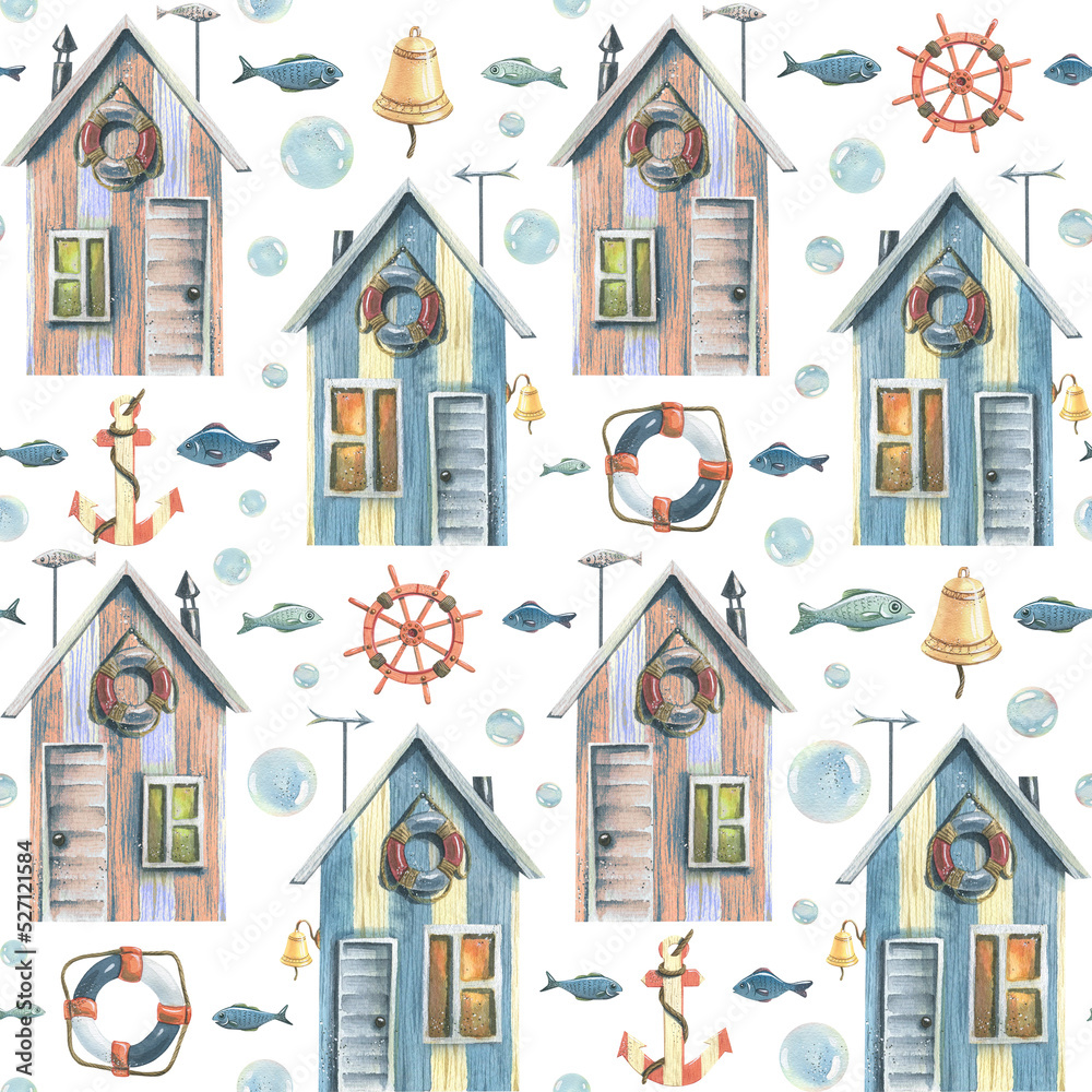 Fishing, sea houses with anchors, steering wheels, fish and bubbles. Watercolor illustration. Seamless, childish pattern on a white background. For decoration and design of wallpaper, fabric, textiles