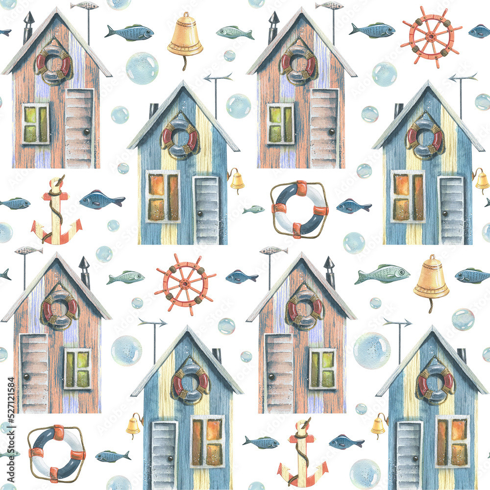 Fototapeta premium Fishing, sea houses with anchors, steering wheels, fish and bubbles. Watercolor illustration. Seamless, childish pattern on a white background. For decoration and design of wallpaper, fabric, textiles
