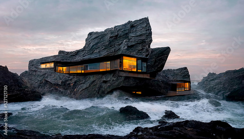 Fotografie, Tablou modern house carved into big rocky cliff at dusk ocean Digital Art Illustration