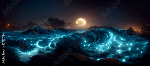 Obraz na płótnie Night fantasy seascape with beautiful waves and foam Digital Art Illustration Pa