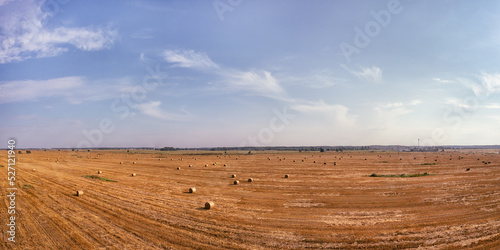 Fototapeta Naklejka Na Ścianę i Meble -  Yellow harvested field with haystacks large aerial panoramic view