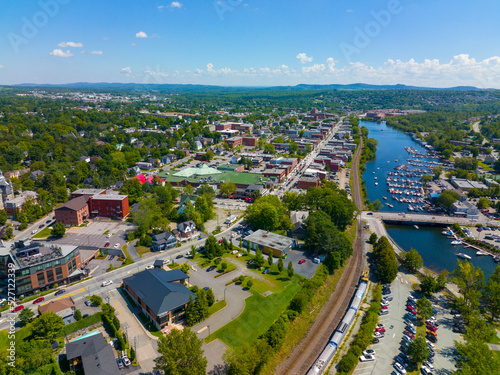 Magog city aerial view at the mouth of Magog River to Lake Memphremagog, Magog, Memphremagog County, Quebec QC, Canada.  photo