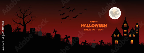 Haunted house, bats flying at moon night Spooky Facebook cover Halloween scene