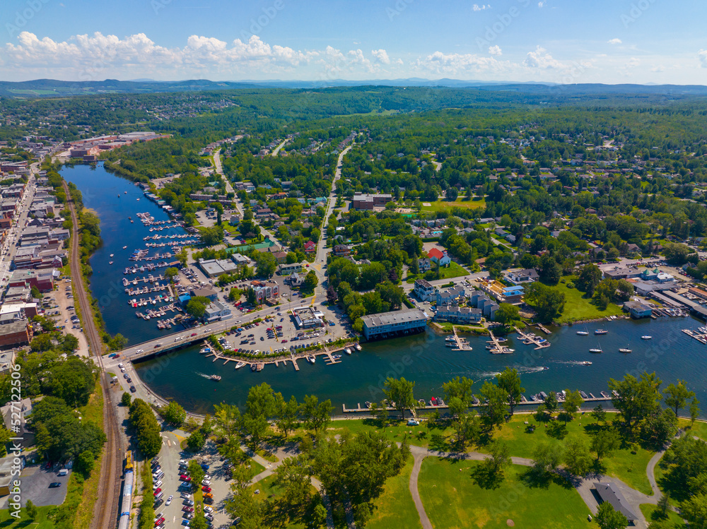 Magog city aerial view at the mouth of Magog River to Lake Memphremagog, Magog, Memphremagog County, Quebec QC, Canada. 