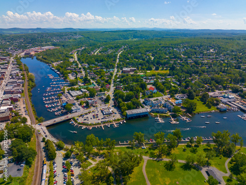 Magog city aerial view at the mouth of Magog River to Lake Memphremagog, Magog, Memphremagog County, Quebec QC, Canada.  photo