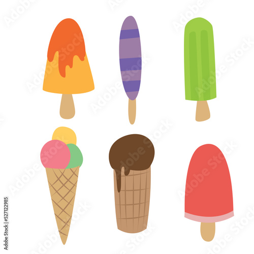 Cute ice cream vector set. Collection of various multicoloured ice cream. 