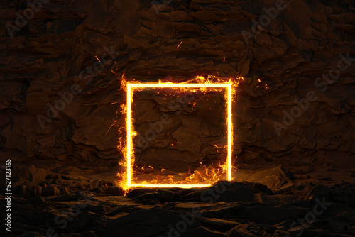 3D rendering of square frame on fire over rocky surface photo